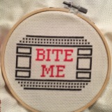This started as a design from the book Subversive Cross Stitch but I didn't use the whole design, I modified the border heavily, simplified it, if I'm remembering correctly.